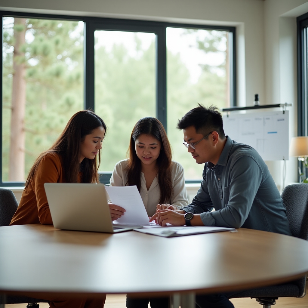 Bold Unit Digital team members collaborating in a bright Baguio office space with mountain views visible through large windows