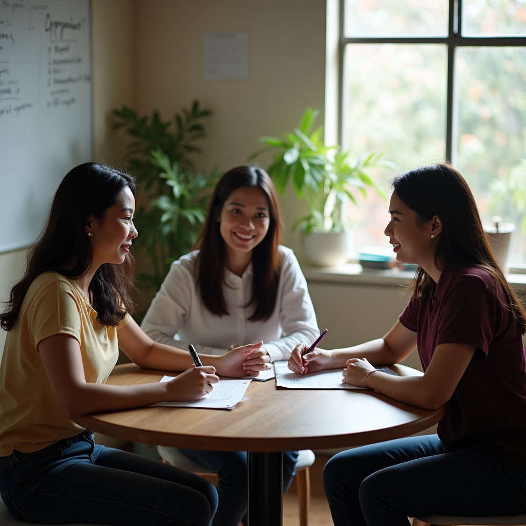 Small Filipino business team having a morning meeting around a table in a modest but organized office space