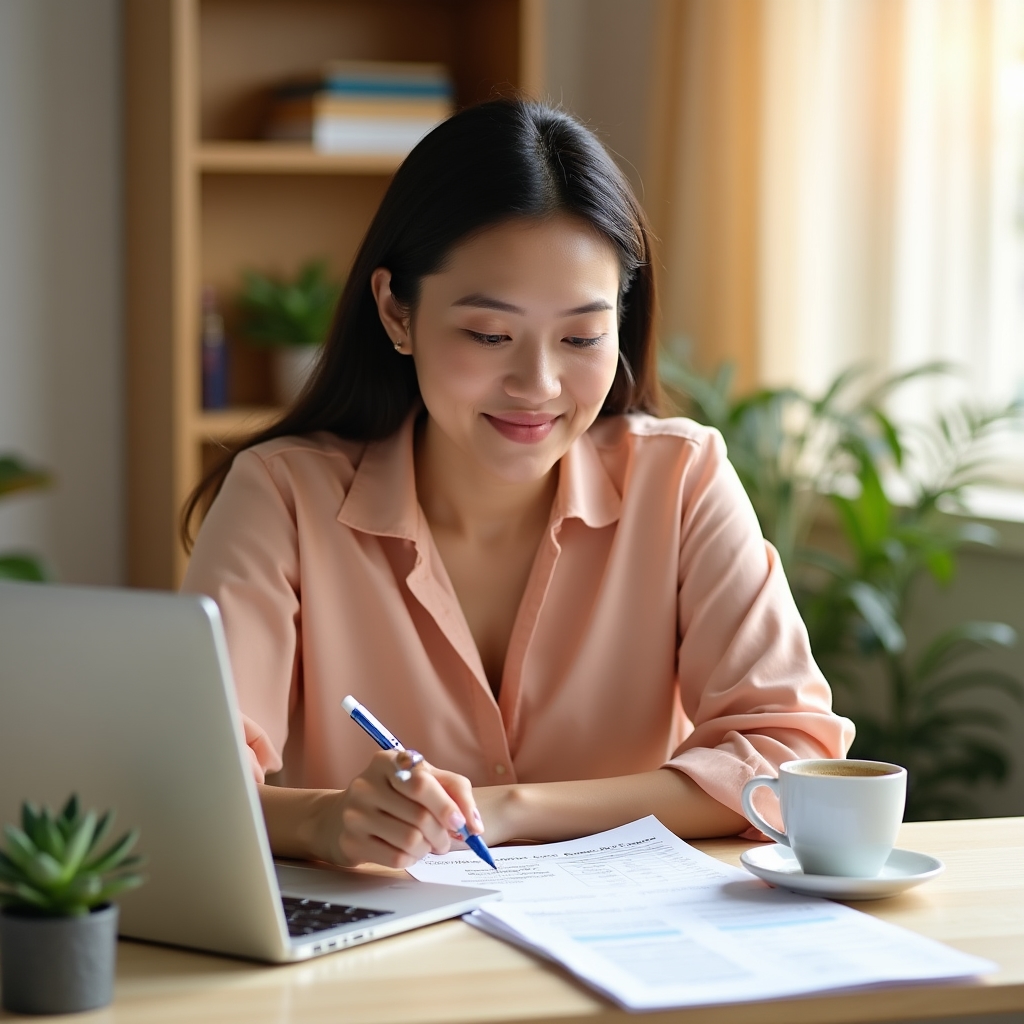 Filipino business owner reviewing financial records and a simple spreadsheet at a bright home office desk