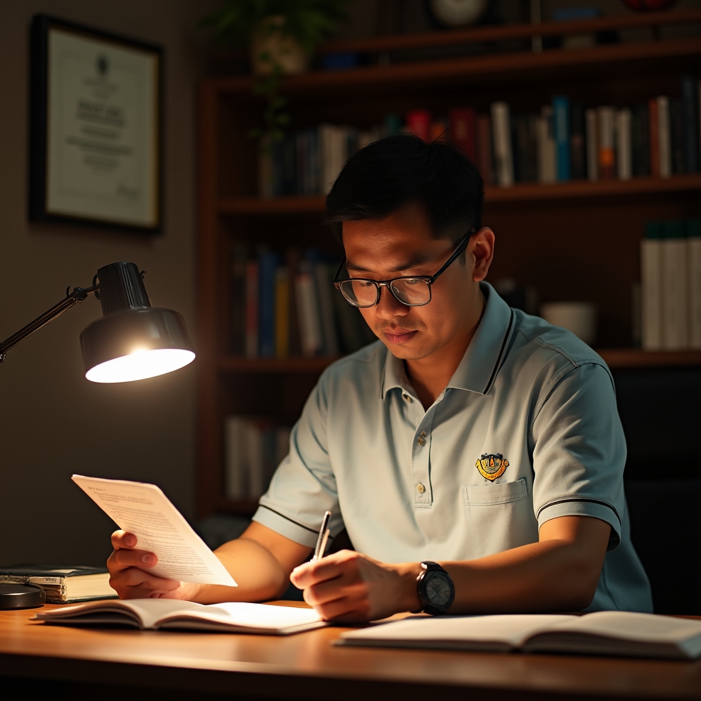 Filipino government employee in formal office attire studying entrepreneurship materials at a desk during off-hours