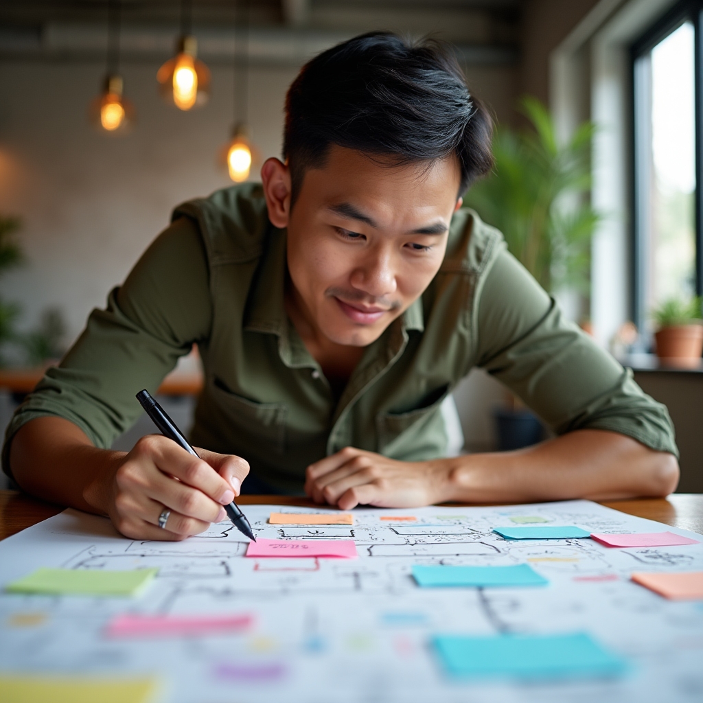 Filipino entrepreneur sketching a business concept map on paper during a planning session